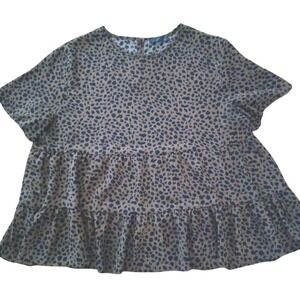 Pretty Garden Women Blouse Top Size XL  Leopard Print Brown Black Cap Sleeve
